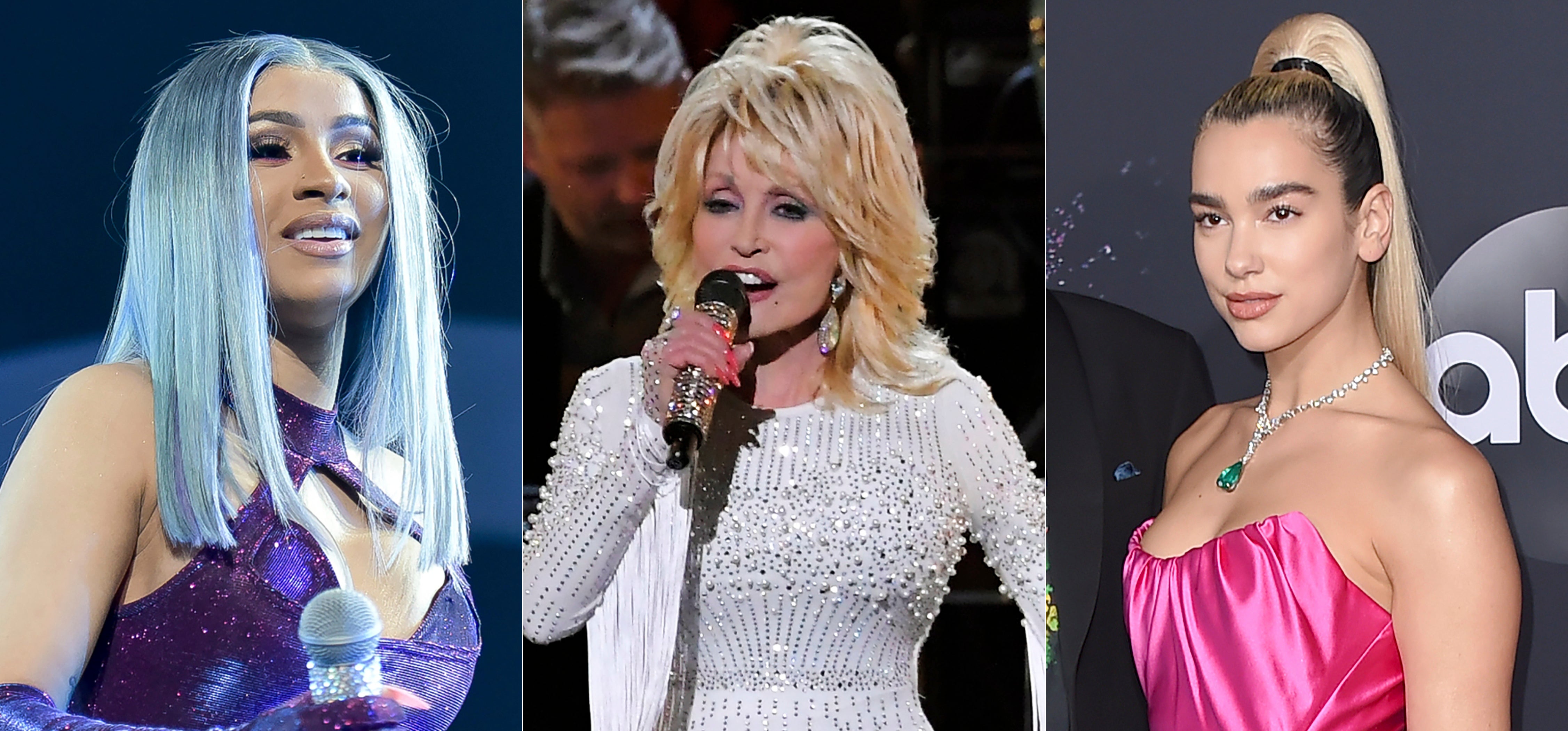 En esta combinación de fotografías Cardi B en el evento BET Experience 2019 en Los Angeles el 22 de junio de 2019, de izquierda a derecha, Dolly Parton durante su presentación en la 53a entrega anual de los premios CMA en Nashville, Tennessee el 13 de noviembre de 2019 y Dua Lipa en los American Music Awards en Los Angeles el 24 de noviembre de 2019. Las artistas serán reconocidas en la 15a entrega de anual de los premios Women in Music de Billboard el 10 de diciembre.